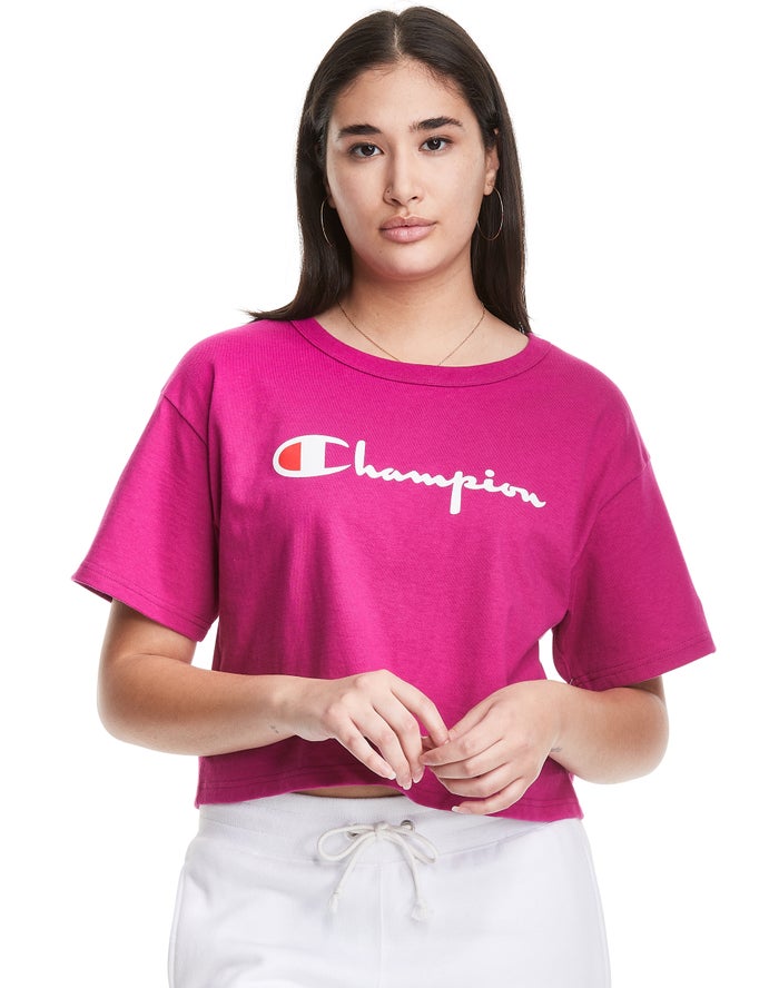 Champion Heritage Cropped Script Logo Kadın Tişört Pembe ( UHKZSA452 )